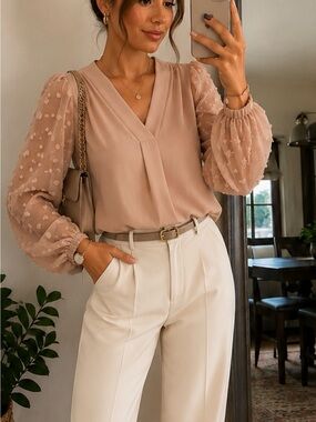 SHEIN Dusty Pink V-Neck Puff Sleeve Blouse